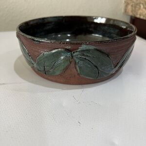 Studio Art Pottery Bowl Terra Cotta Vintage Leaves Relief 6.5" Rustic